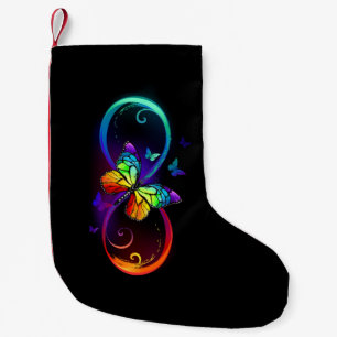 Vibrant infinity with rainbow butterfly on black small christmas stocking