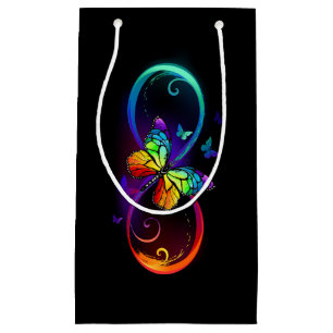 Vibrant infinity with rainbow butterfly on black small gift bag