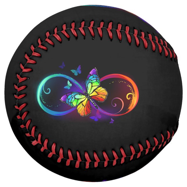 Vibrant infinity with rainbow butterfly on black softball (Front Left)