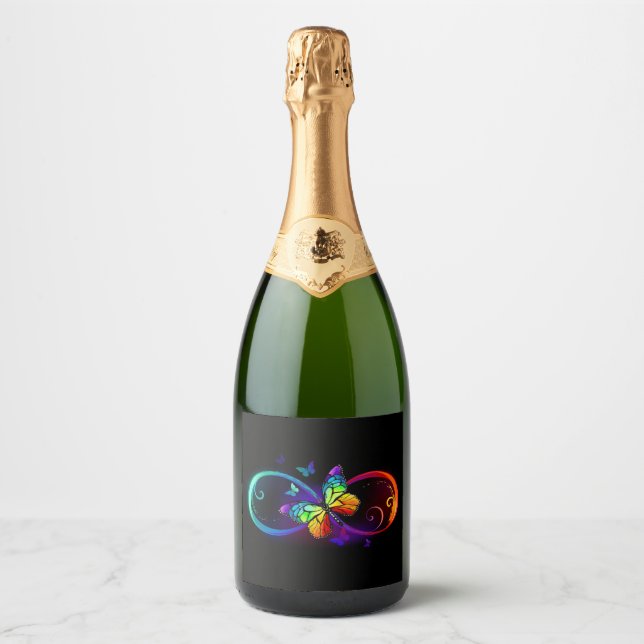 Vibrant infinity with rainbow butterfly on black sparkling wine label (Front)