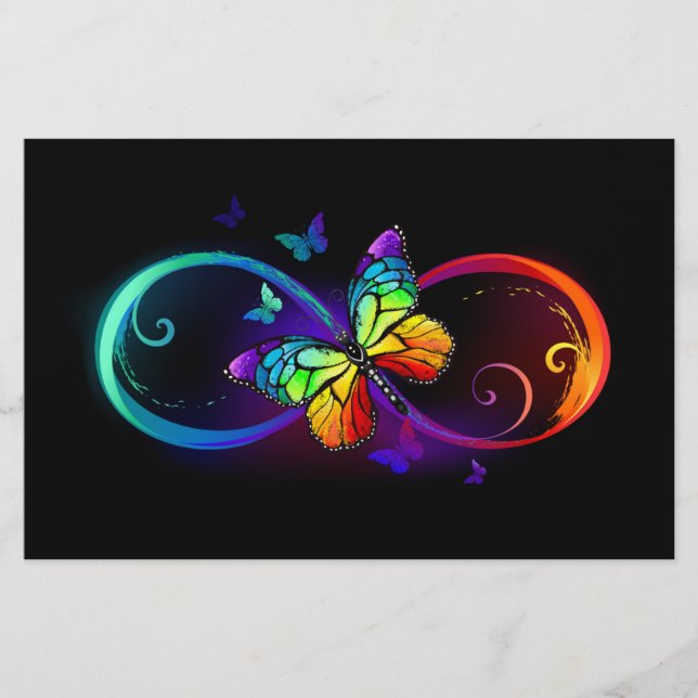 Vibrant infinity with rainbow butterfly on black  stationery (Front)