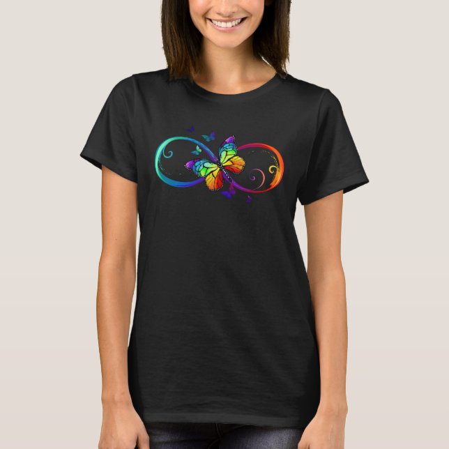 Vibrant infinity with rainbow butterfly on black T-Shirt (Front)