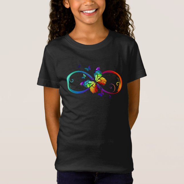 Vibrant infinity with rainbow butterfly on black T-Shirt (Front)
