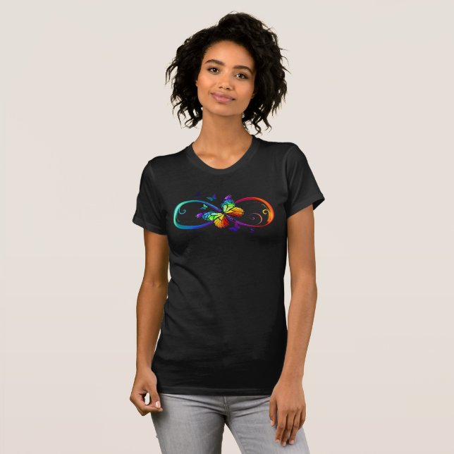 Vibrant infinity with rainbow butterfly on black T-Shirt (Front Full)