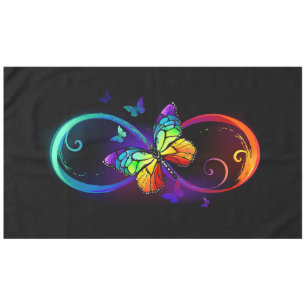 Vibrant infinity with rainbow butterfly on black tablecloth