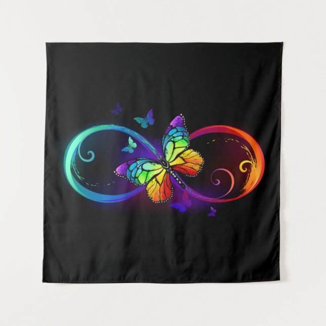 Vibrant infinity with rainbow butterfly on black tapestry (Front)