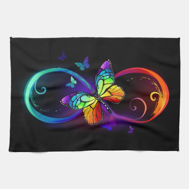 Vibrant infinity with rainbow butterfly on black tea towel (Horizontal)