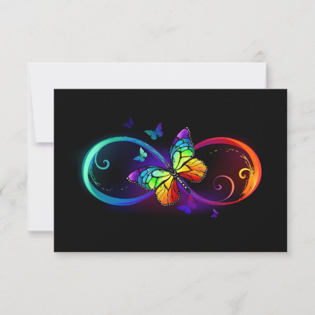 Vibrant infinity with rainbow butterfly on black thank you card (Front)