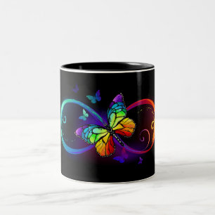 Vibrant infinity with rainbow butterfly on black Two-Tone coffee mug