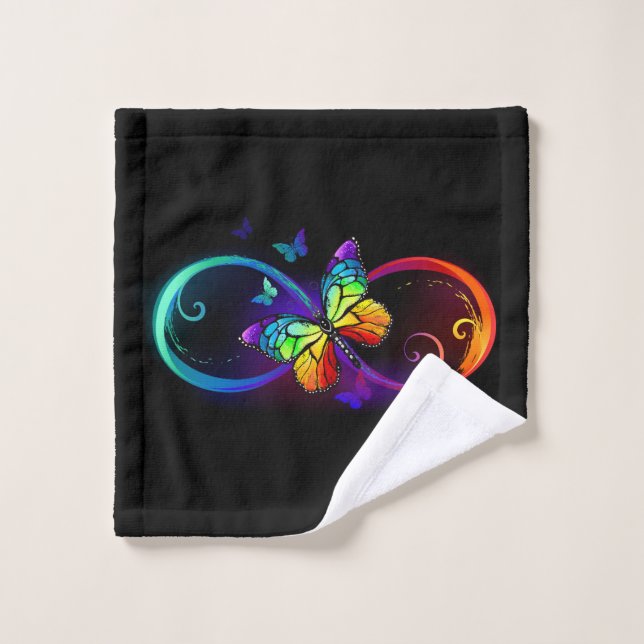 Vibrant infinity with rainbow butterfly on black wash cloth (Wash Cloth)