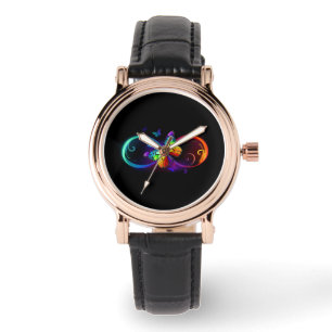 Vibrant infinity with rainbow butterfly on black watch