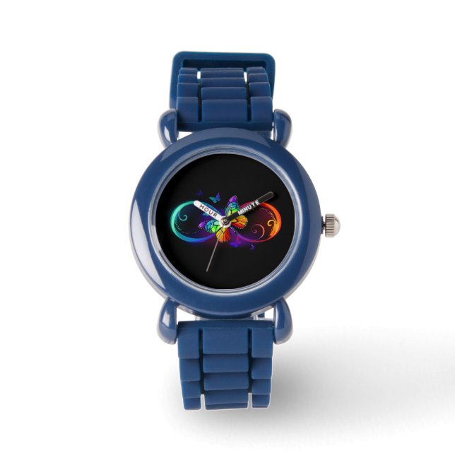 Vibrant infinity with rainbow butterfly on black watch (Front)
