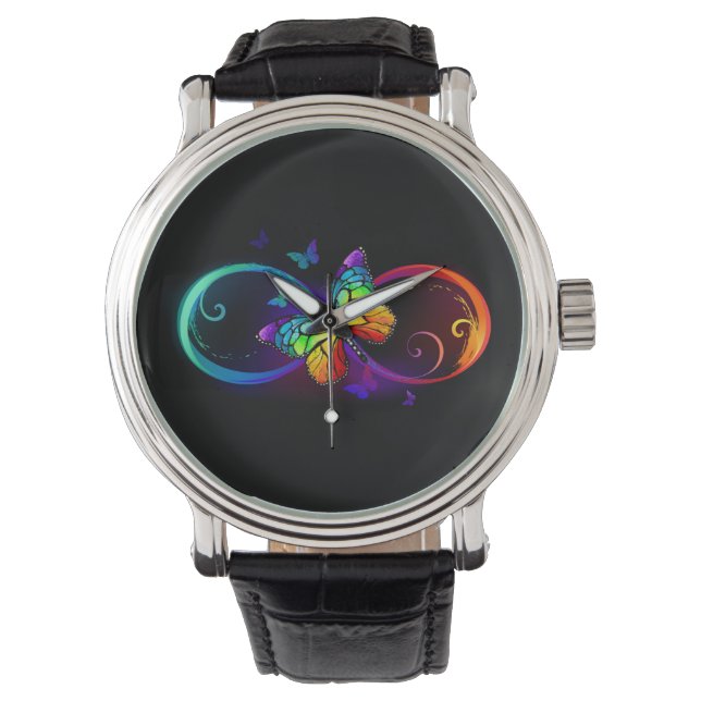 Vibrant infinity with rainbow butterfly on black  watch (Front)