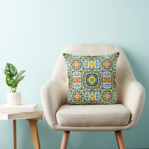Vibrant Italian Majolica Tile Floral Cushion