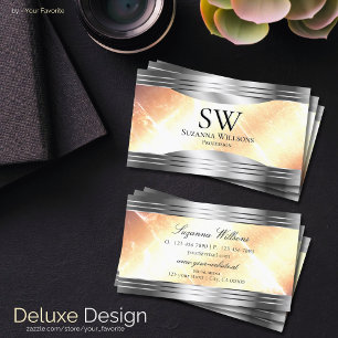 Vibrant Ivory Peach with Silver Borders Monogram Business Card