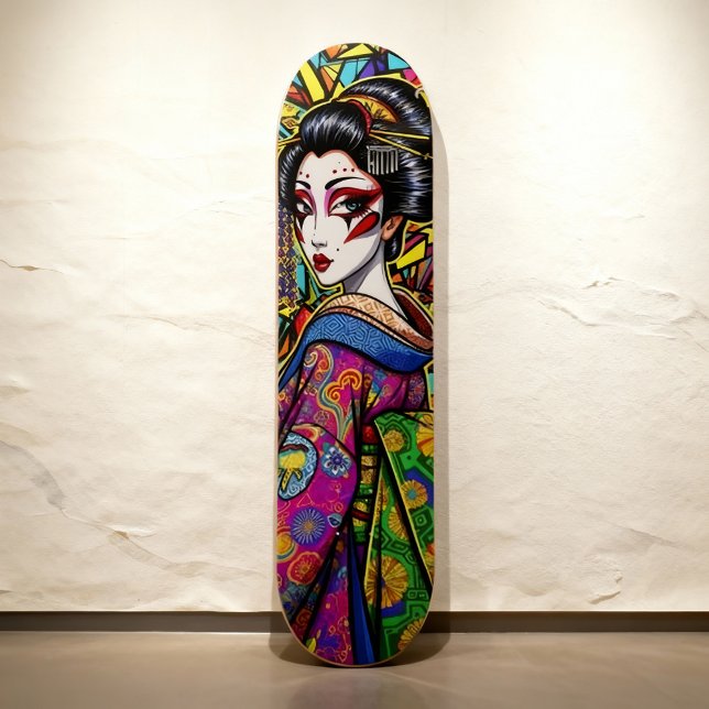 Vibrant Japanese Geisha in Kimono Portrait  Skateboard (Creator Uploaded)