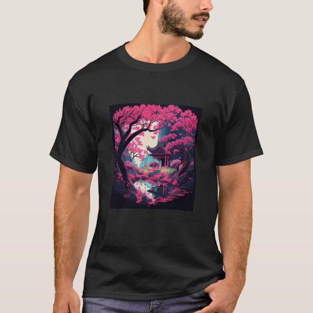 vibrant japanese pop cherry blossom garden shrine T-Shirt (Front)