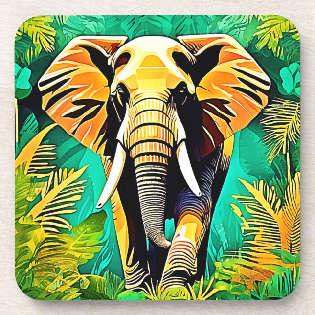 Vibrant Jungle Elephant Scene Design Coaster (Front)
