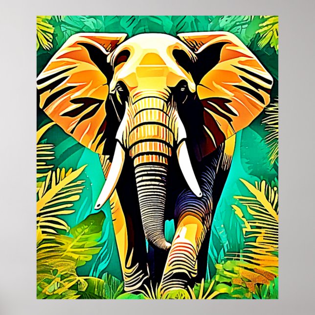 Vibrant Jungle Elephant Scene Design Poster (Front)