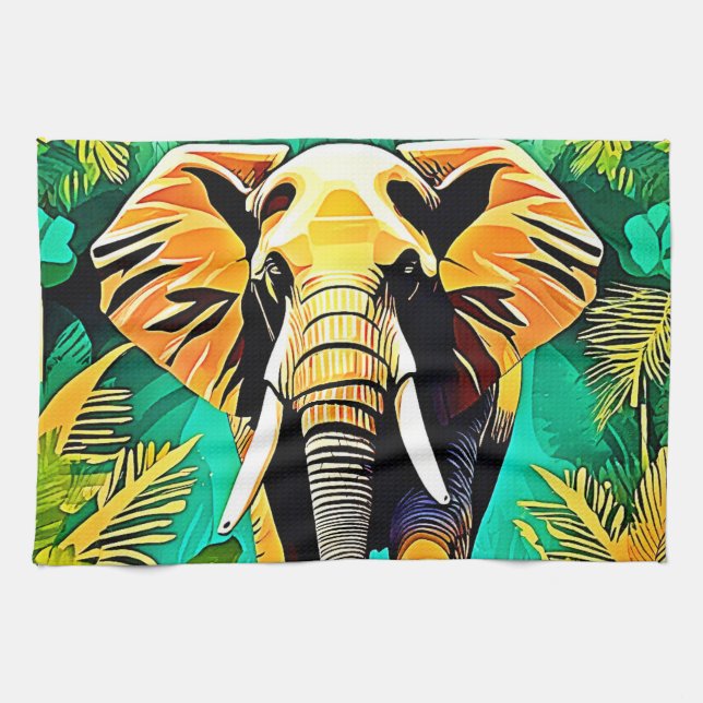 Vibrant Jungle Elephant Scene Design Tea Towel (Horizontal)