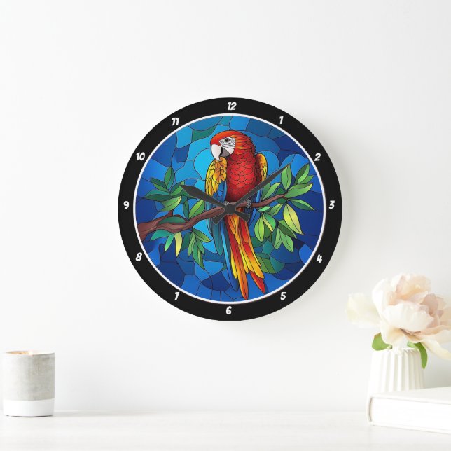 Vibrant Jungle Jewel" - Stained Glass Parrot Wall Large Clock (Home)