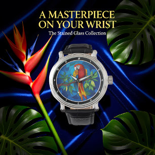 Vibrant Jungle Jewel" - Stained Glass Parrot Wall Watch