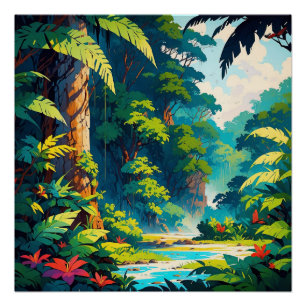 Vibrant Jungle Oasis Tropical Waterfall Landscape Poster