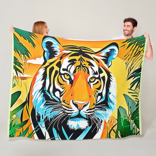 Vibrant Jungle Tiger Art Design Fleece Blanket (In Situ)