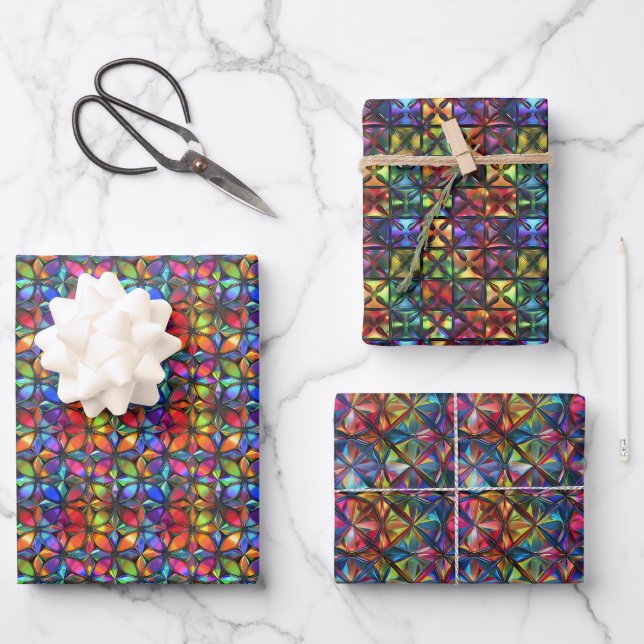 Vibrant Kaleidoscopic 3D Geometric Pattern Wrapping Paper Sheet (Front)
