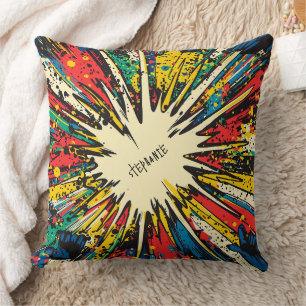 Vibrant Kinetic Blast - Crimson Blue Yellow Comic Cushion