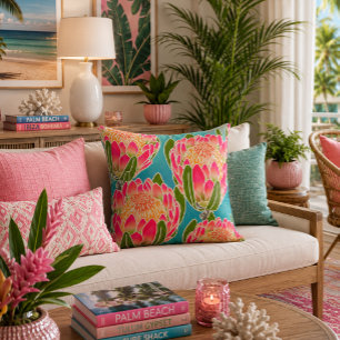 Vibrant King Protea Flower Pattern Teal Pink Cushion