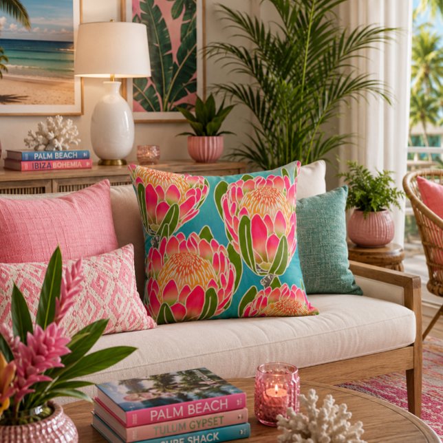 Vibrant King Protea Flower Pattern Teal Pink Cushion (Creator Uploaded)
