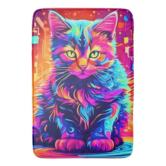 Vibrant Kitty: Beautiful Neon Artwork Bath Mat (Front Vertical)