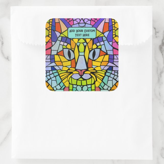 Vibrant Kitty Cat Face and own message colourful Square Sticker (Bag)