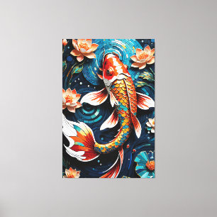 Vibrant Koi and Beautiful Flowers Aquatic Scene Canvas Print