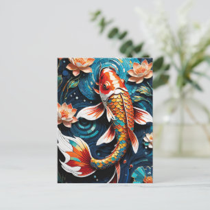 Vibrant Koi and Beautiful Flowers Aquatic Scene Holiday Postcard