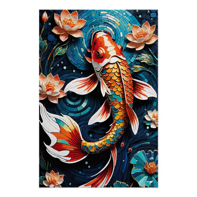 Vibrant Koi and Beautiful Flowers Aquatic Scene Poster (Front)