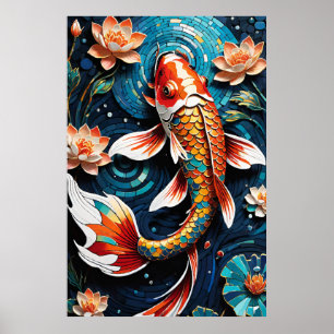 Vibrant Koi and Beautiful Flowers Aquatic Scene Poster