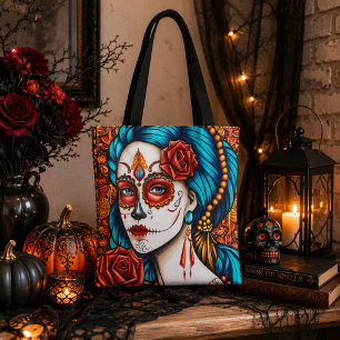 Vibrant La Catrina Sugar Skull Folk Art Tote Bag