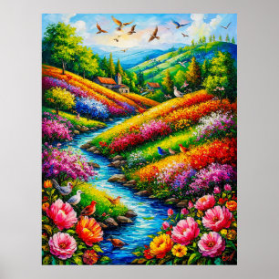 Vibrant Landscape with Blooming Flowers Poster