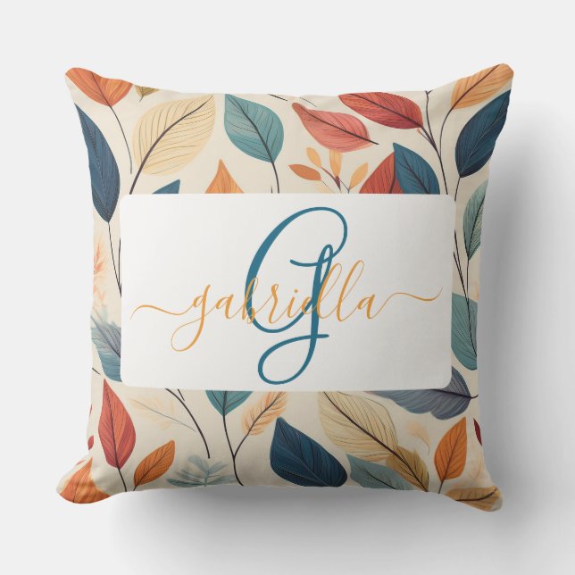 Vibrant Leaf Pattern with Name & Monogram Cushion (Front)