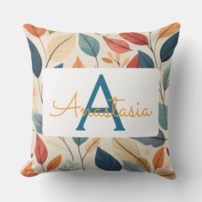 Vibrant Leaf Pattern with Name & Monogram Cushion (Front)