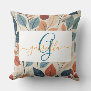 Vibrant Leaf Pattern with Name & Monogram Cushion