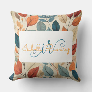 Vibrant Leaf Pattern with Name & Monogram Cushion