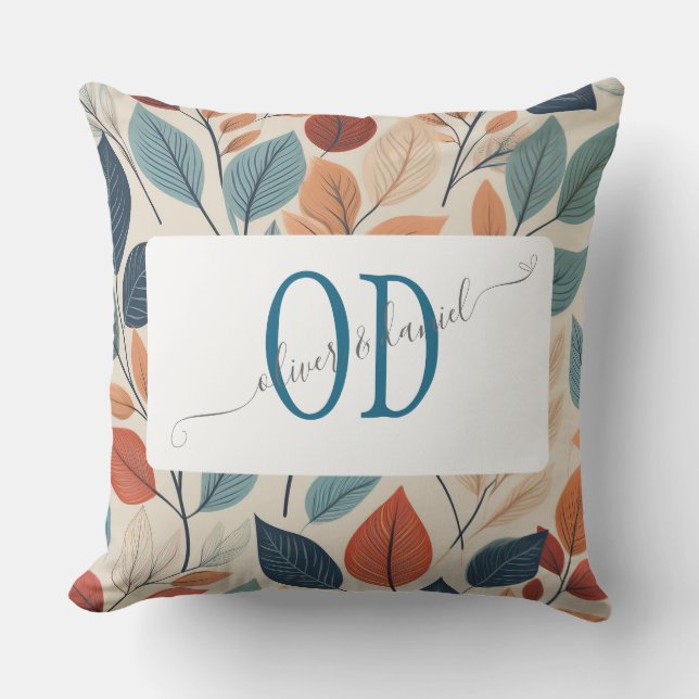 Vibrant Leaf Pattern with Names & Monogram Cushion (Front)