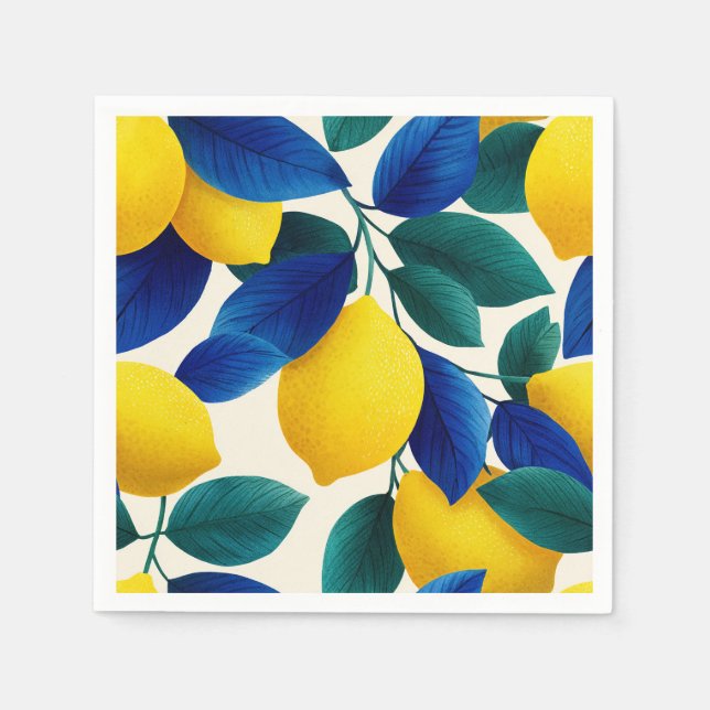 Vibrant Lemon & Blue Leaves Watercolor Pattern Napkin (Front)