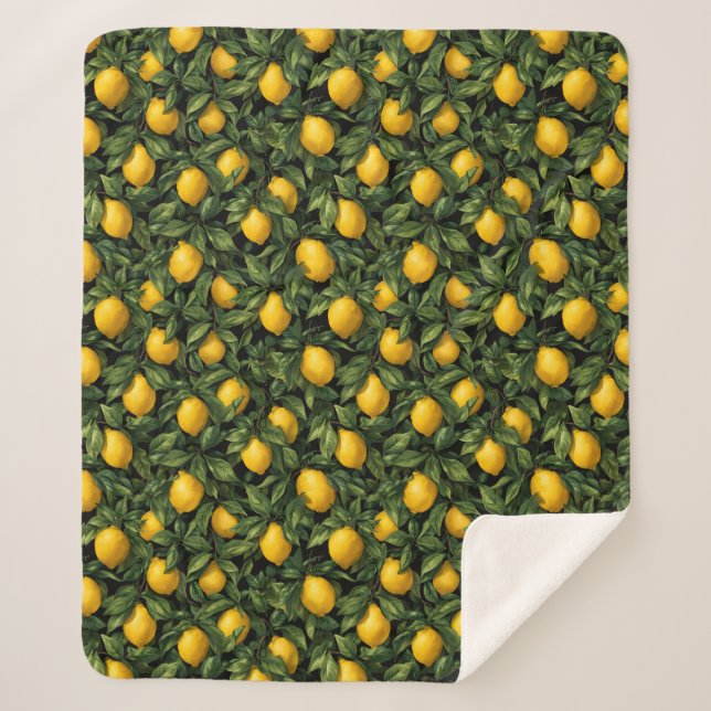 Vibrant Lemon Citrus Tree Pattern Sherpa Blanket (Front)