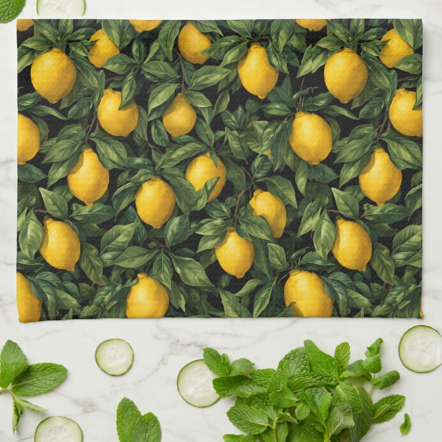 Vibrant Lemon Citrus Tree Pattern Tea Towel (Folded)