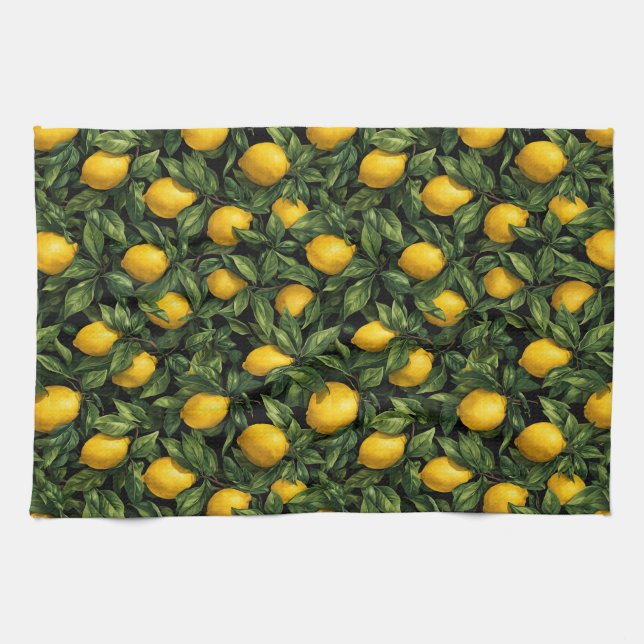 Vibrant Lemon Citrus Tree Pattern Tea Towel (Horizontal)