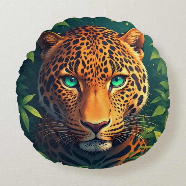 Vibrant Leopard Portrait With Emerald Eyes Round Cushion (Front)